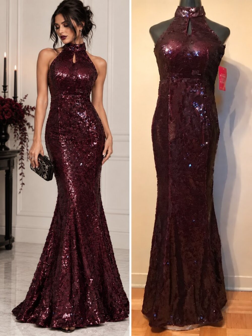 Little Mistress Burgundy Sequin Halter Fitted Mermaid Gown Whimsigoth Formal 4
